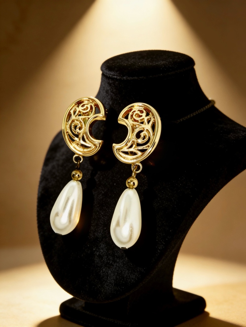 Sarah Coventry Gold Tone Crescent Moon Filigree Faux Pearl Teardrop Earrings